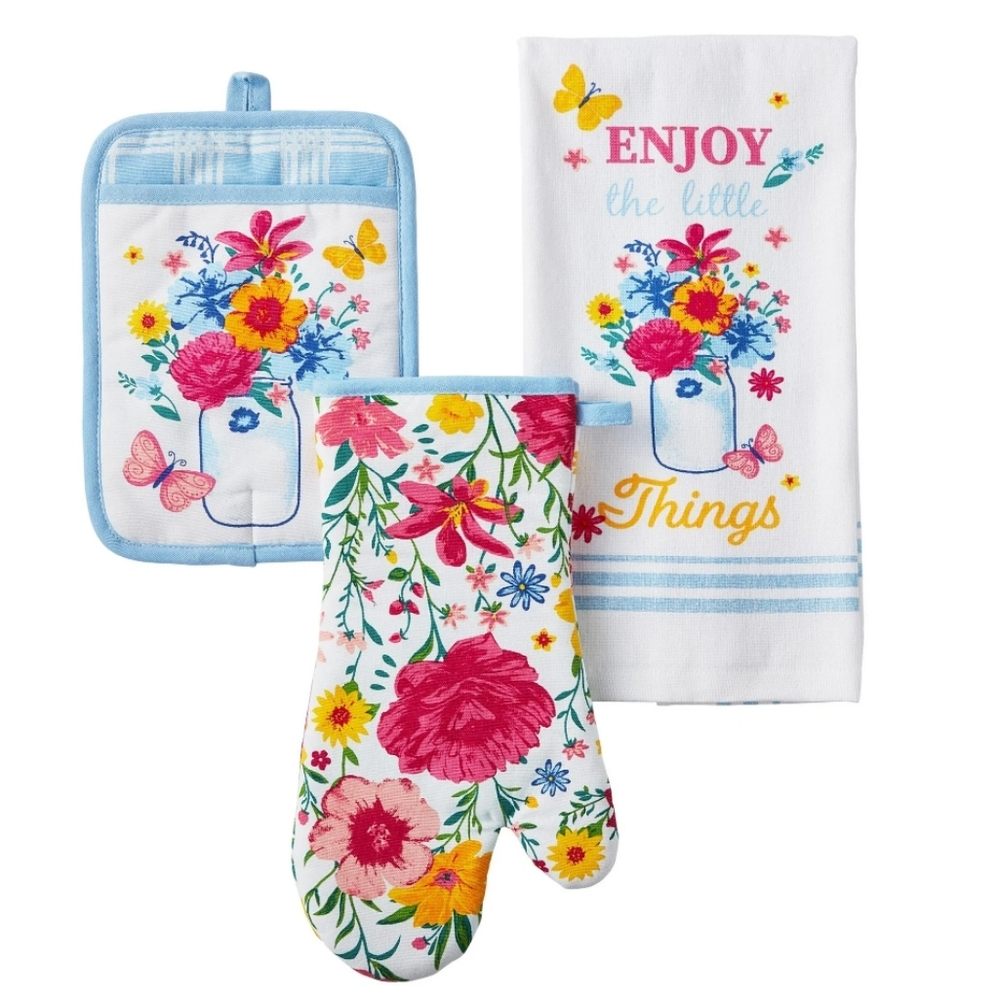 💕 New Pioneer Woman Flowering Frontier Yellow and Blue Kitchen Linens Se